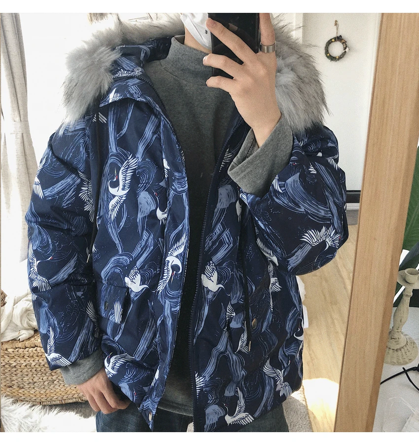 AreMoMuWha, зимняя новинка, японский национальный меховой воротник, Harajuku, Ретро стиль, журавль, пальто, хлопок, для мужчин и женщин, пальто в стиле хип-хоп, QX236