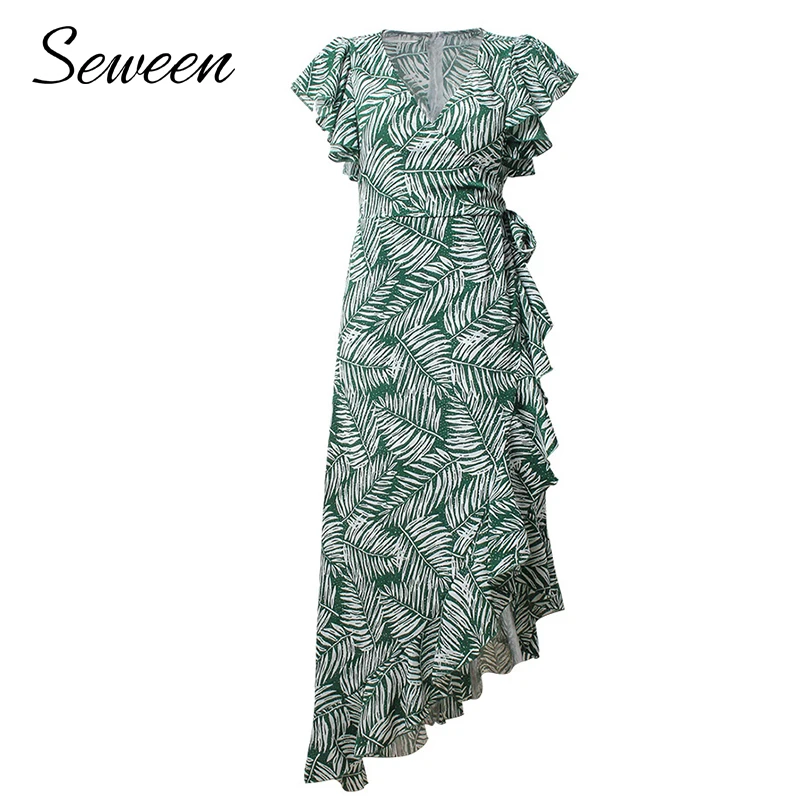 Boho Летнее Длинное Платье Для женщин 2018 Мода без рукавов Асимметричный листьев с