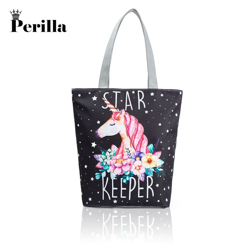 

Perilla Canvas 3D Printing Schoolbags Unicorn Pattern Women Drawstring Bag Travel Handbag Female Summer Beach Bag Shoulder Bag