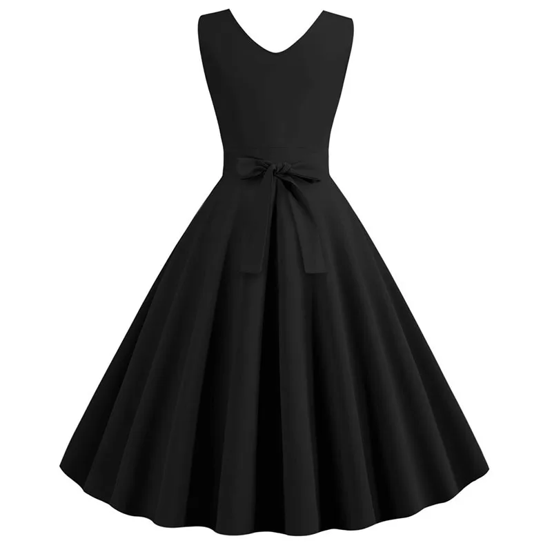 Летние женские платья повседневное черное однотонное винтажное платье 50s 60s Robe Rockabilly Swing Pinup без рукавов с v-образным вырезом элегантное вечернее платье