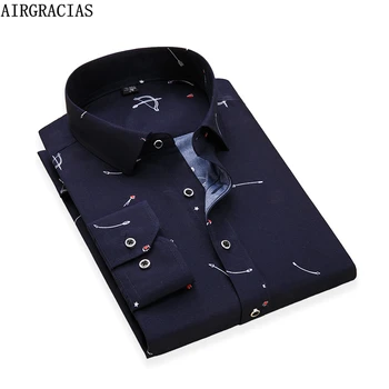 

AIRGRACIAS 2018 Men Fashion Casual Long Sleeved Printed shirt Slim Fit Social Business Dress Shirt Brand Men Clothing Camisa