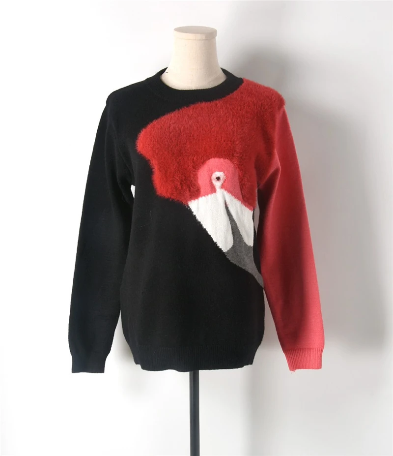 Осень Зима Роскошные Подиумные модные вязаные свитера Фламинго 3D Плюшевые Пуловеры Пэчворк джемпер женский Джерси C-098