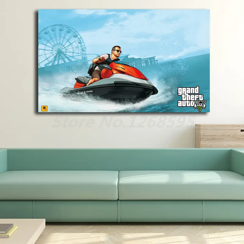 Gta 5マイケル乗馬をジェットスキー壁紙キャンバス絵画リビングルームの家の装飾現代の壁の芸術の油絵ポスタークレー Aliexpress Home Garden