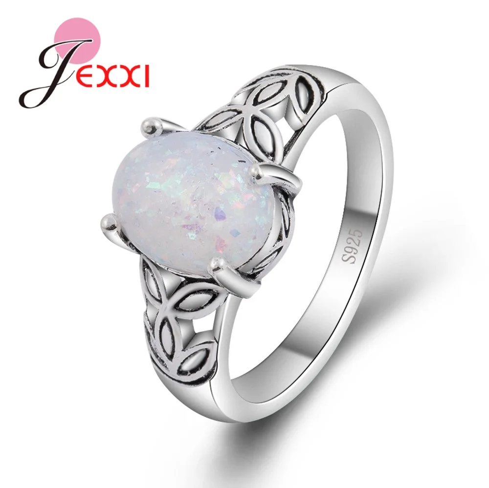 

JEXXI Genuine 925 Sterling Silver White Opal Fire Mystic Ring Jewelry With Leaves Design Best Gift For Women Finger Anel Bague