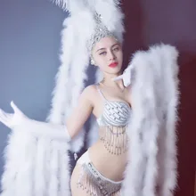Сексуальные белые перья, перчатки, головной убор, Блестящие кристаллы, бикини, набор, для ночного клуба, женский, для вечеринки, подиум для моделей, сценический наряд, DJ костюм