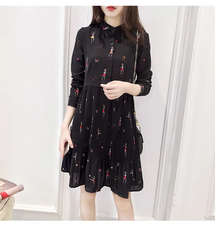 Newest Retro Shirt Dress Women 2019 Autumn Long Sleeve Women Dresses Casual Funny Print Dress Fashion O-Neck Pleated Vestidos Mujer  (5)