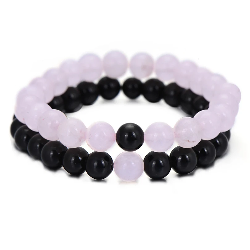 2Pcs/Set Trendy Distance Bracelet Sets Natural Stone Pink and Black Beaded Bangles&Bracelets Couple Jewelry Best Friend Hot