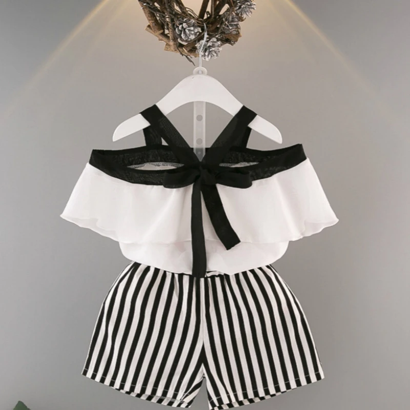 

2018 Summer Korean Girl blouses and shorts set Lotus Leaf Edge Chiffon Shirt with Stripe Shorts Twinset height 85-135cm girls