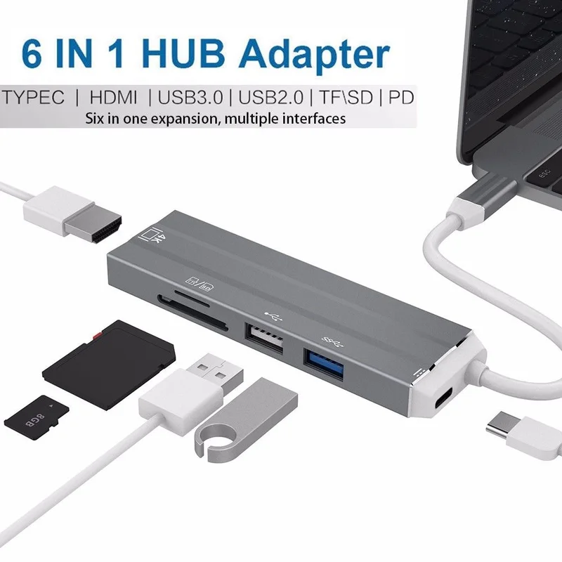 6 in 1 USB C Adapter with 4K USB-C to HDMI USB C Hub HDMI Adapter SD//TF Card