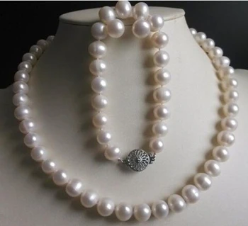 

$wholesale_jewelry_wig$ 9-10MM White Freshwater Cultured Pearl Necklace Bracelet Earrings Set