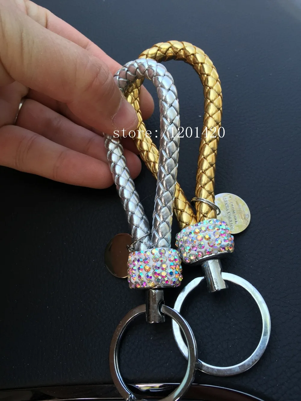 sparkly leather rope keychains car keyring keys ring leather lanyard