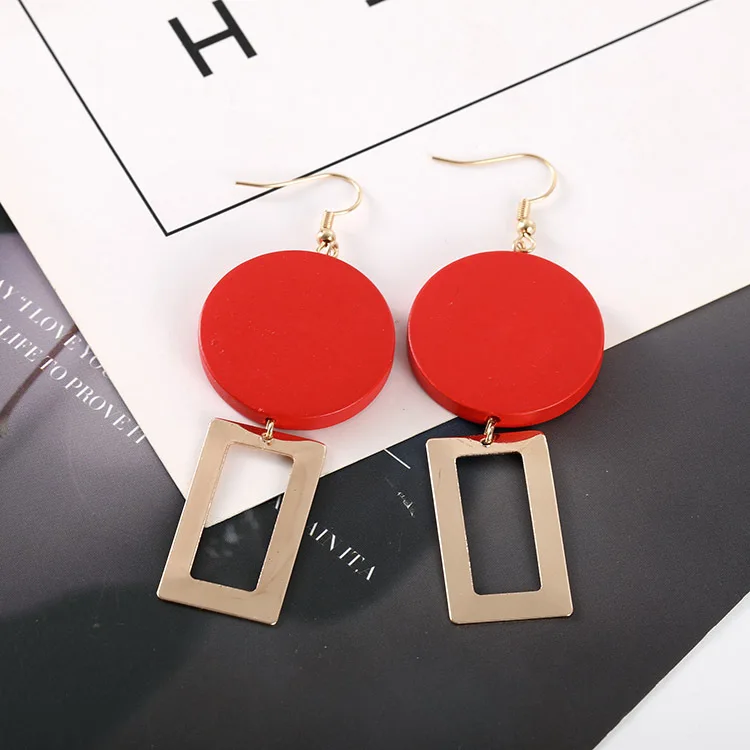 

Large nightclub drop earrings temperament retro red square wood geometry personality delicate dangle earrings
