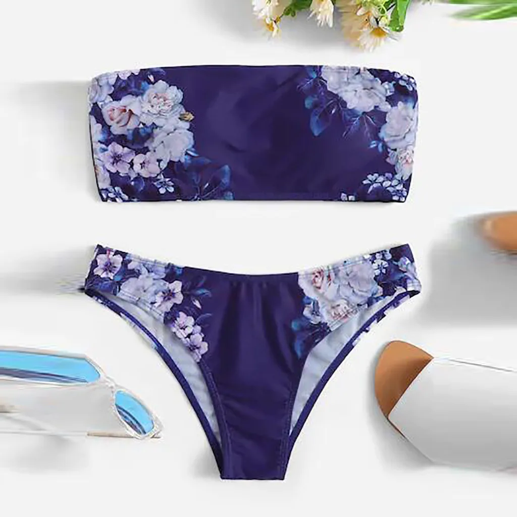 

Swimsuits Women 2019 Sexy Flower Tube top Printed Two Pieces Swimwear Push up triangle Swimsuits Beachwear L328A