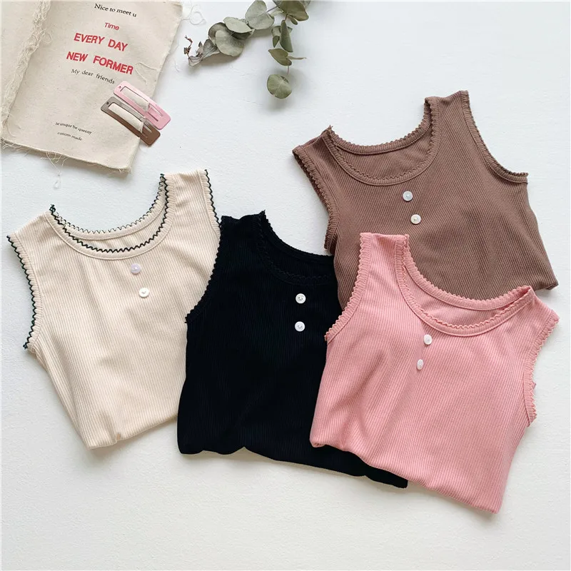 

2019 Summer New Girls Sleeveless Cotton Causal Button Vest Toddler Children Kids Simple Casual Tees Clothing Toddler Tshirts