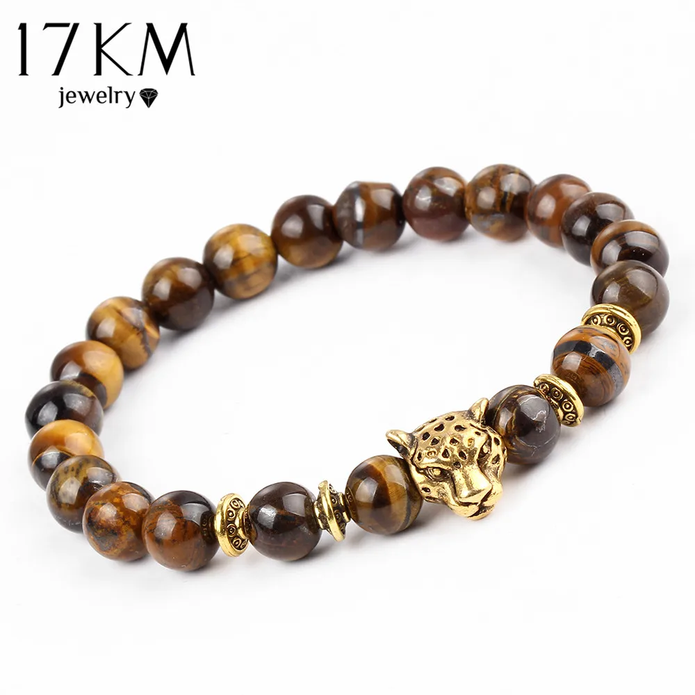 

17KM Pulseras mujer Gold Color Leopard Head Bead Buddha Bracelet Natural Stone Lava Matte Tiger Eye Men and Women Bracelets