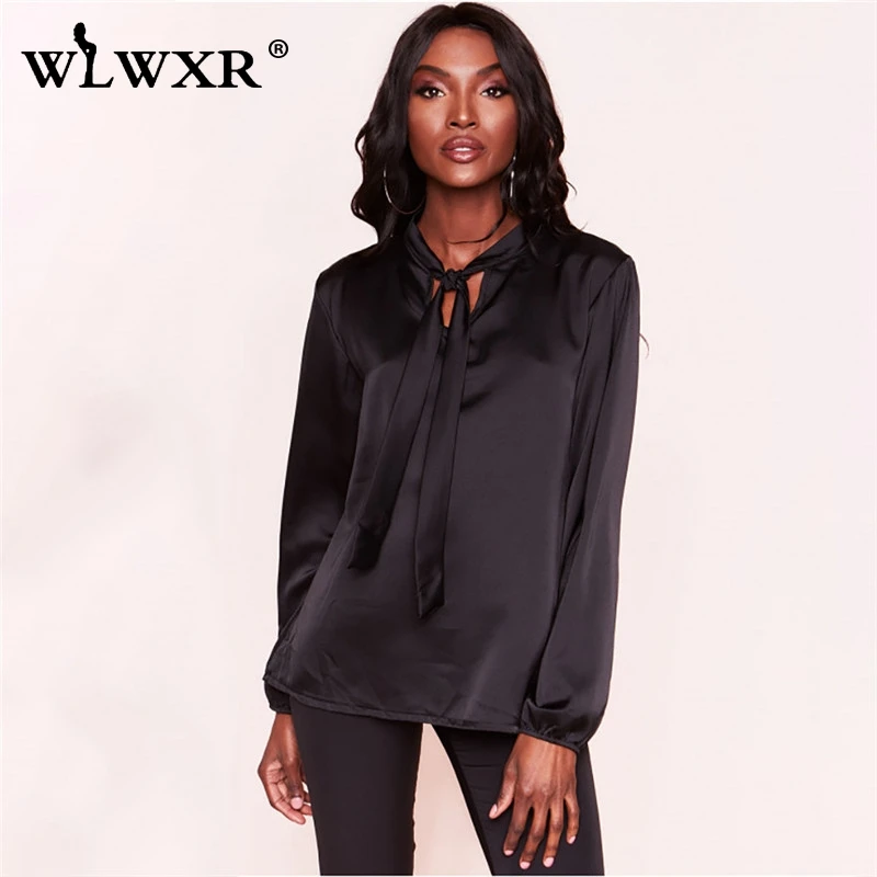 WLWXR офисные атласные шифоновые длинные Bluose женские рубашки Blusas топы с галстуком