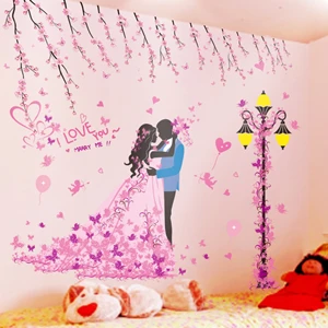 

[shijuekongjian] Bride and Groom Wall Stickers DIY Flowers Bicycle Street Light Mural Decals for Living Room Bedroom Decoration