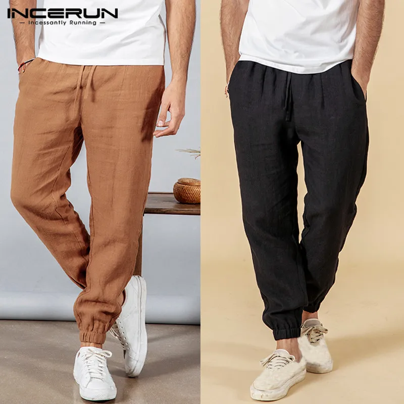 

INCERUN Men's Pants 2020 Summer Solid Color New Nine Points Pants Drawstring Loose Beam Foot Casual Streetwear Pantalones Hombre