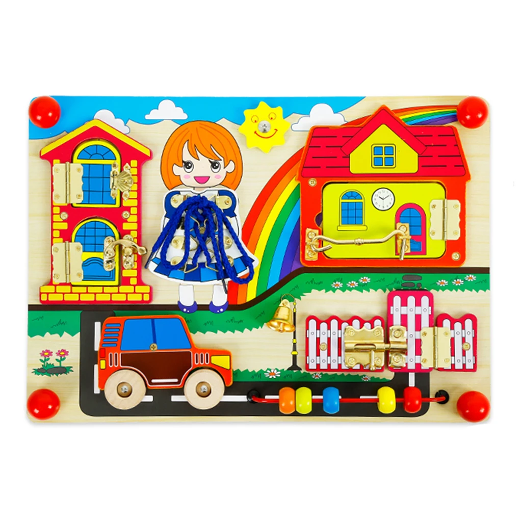 

Wooden Montessori Practical Life Material Lock Latches Board w/ Bead Car Puzzle Sensory Basic Skill Learning Montessori Baby Toy