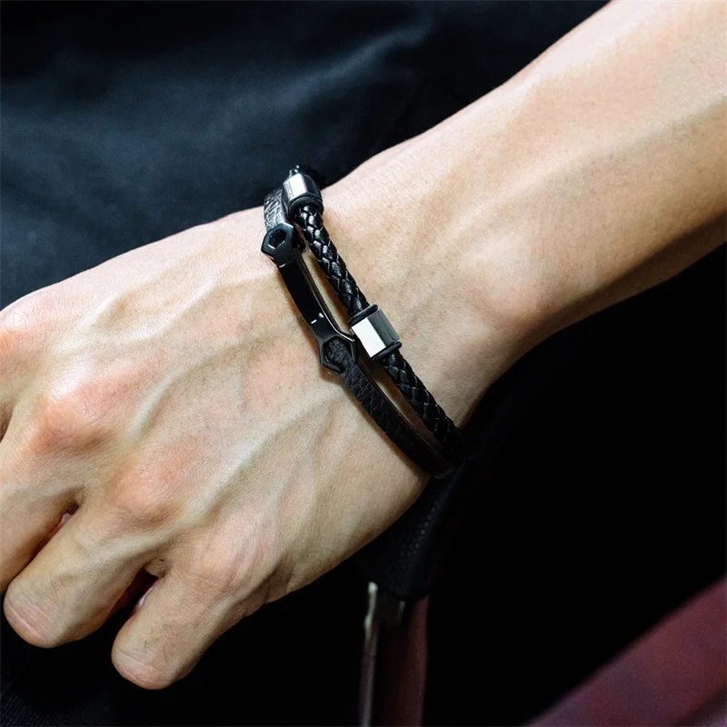 Азиз BEKKAOUI Персонализированные Двойной Многослойный кожаный браслет для мужчин выгравированное имя браслеты из нержавеющей стали винтажный браслет из воловьей кожи