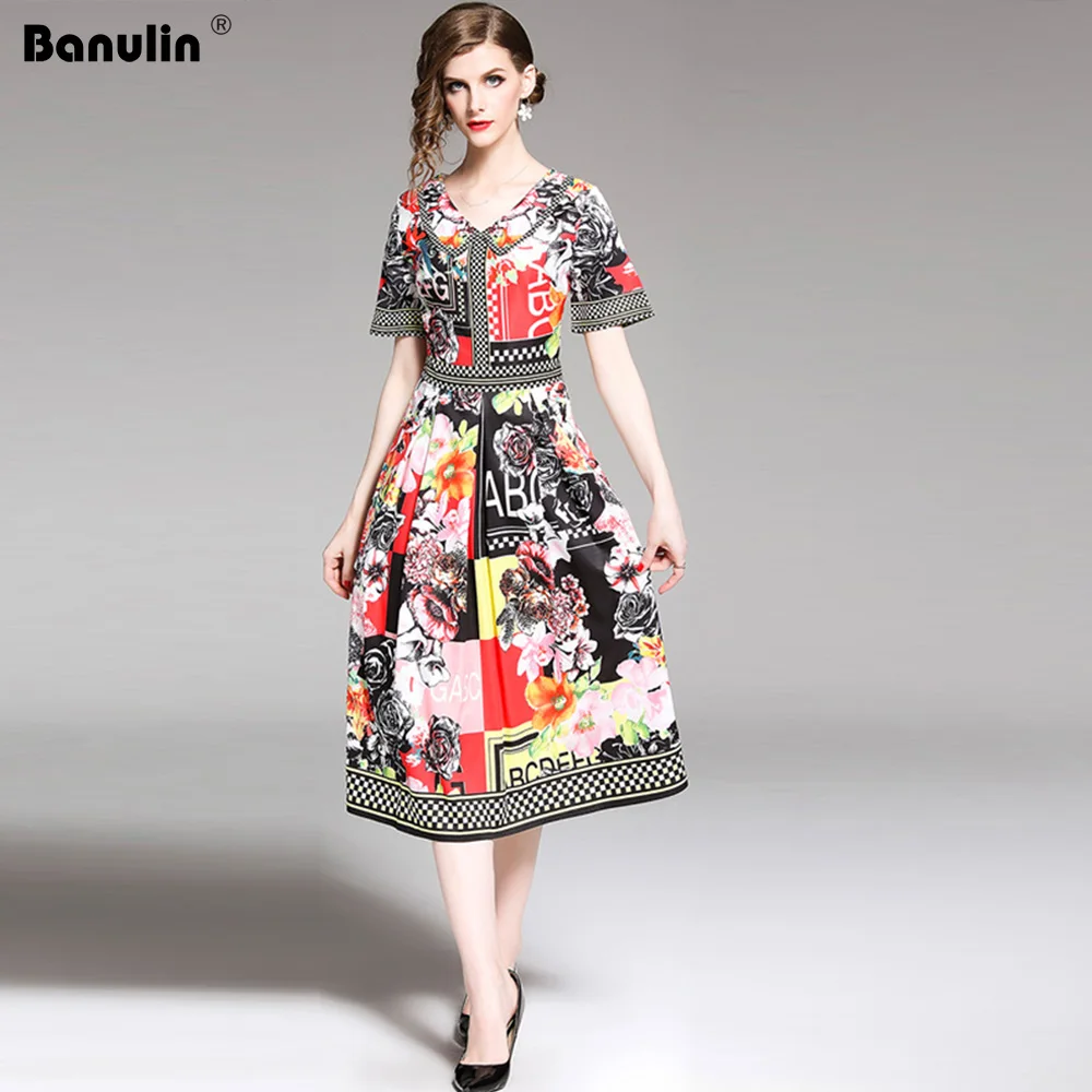 

Banulin 2019 New Fashion Runway Summer Dress Women's Short Sleeve Gorgeous Floral Letter Printed Midi Elegat Dresses B8030