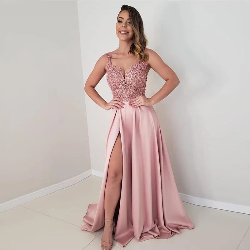 Vestido De noche rosa con cuello en V, sin mangas, corte en A, largo, Formal, espalda descubierta