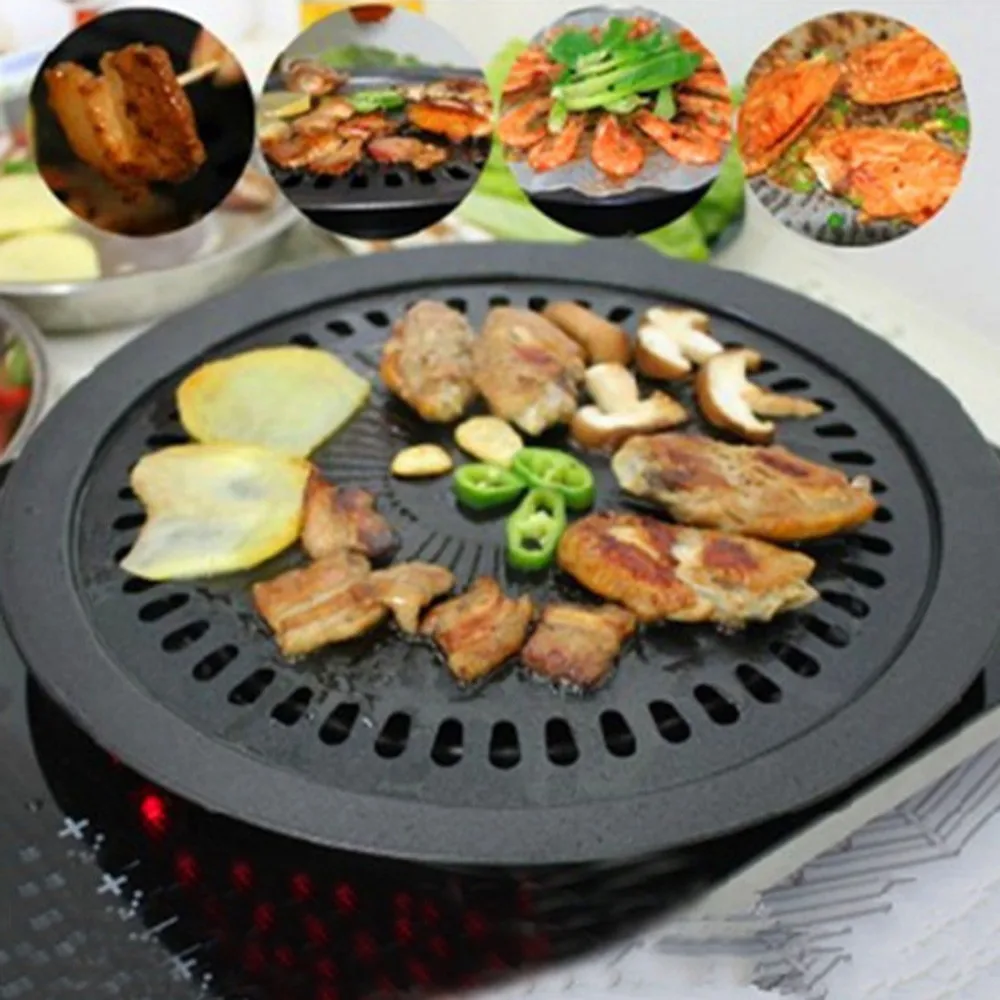 Круглая железная Корейская решетка для барбекю, тарелка для барбекю, антипригарная сковорода, набор с держателем, здоровый бездымный инструмент для жарки на открытом воздухе