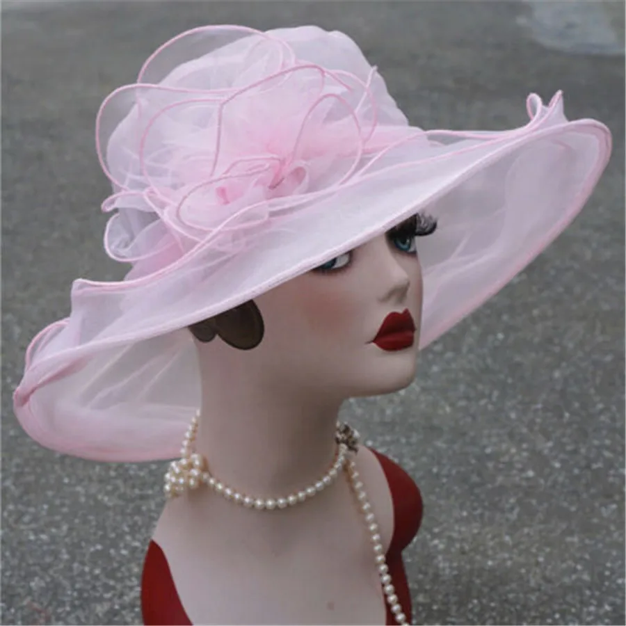 Women Sun Hat 1Pcs Mesh Ruffles Flower Kentucky Derby Wide Brim Wedding Church Occasional Organza Sun Hat