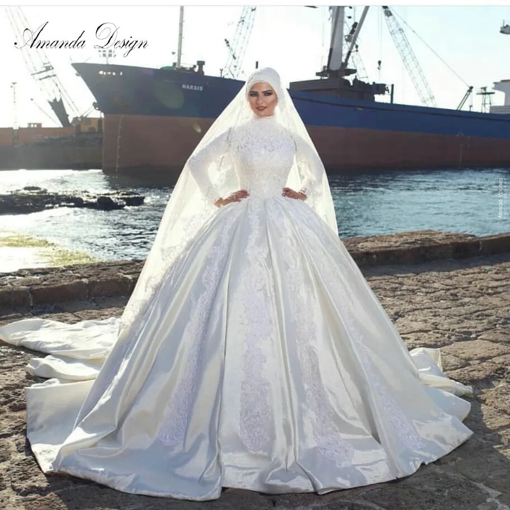 Vestidos noiva высокое средства ухода за кожей Шеи с длинным рукавом кружево Аппликация Мусульманские Свадебное платье 2019