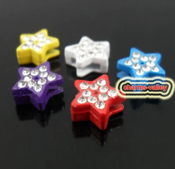 

Free Shipping, 20PCS 8MM Colorful Spray Painting Full Rhinestone Five Pointed Star Slide Charms Collar Charms