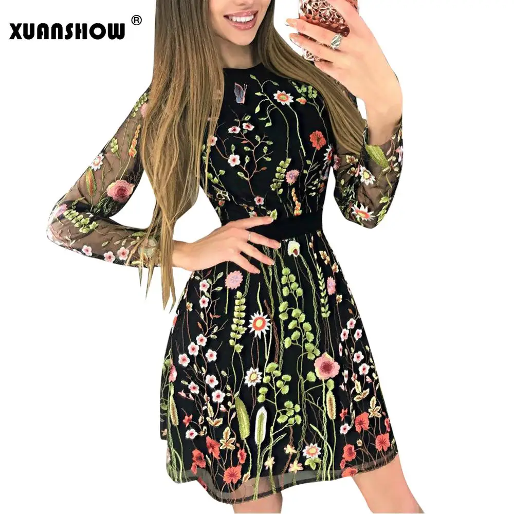 Женское офисное платье XUANSHOW элегантное облегающее мини с цветочной вышивкой и