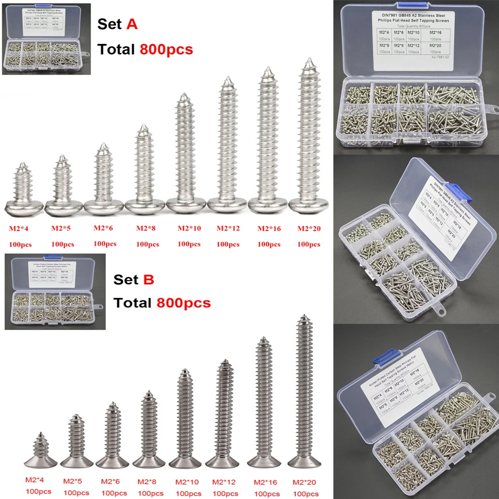 800PCS M2 Countersunk Stainless Steel Self Tapping Wood Screws