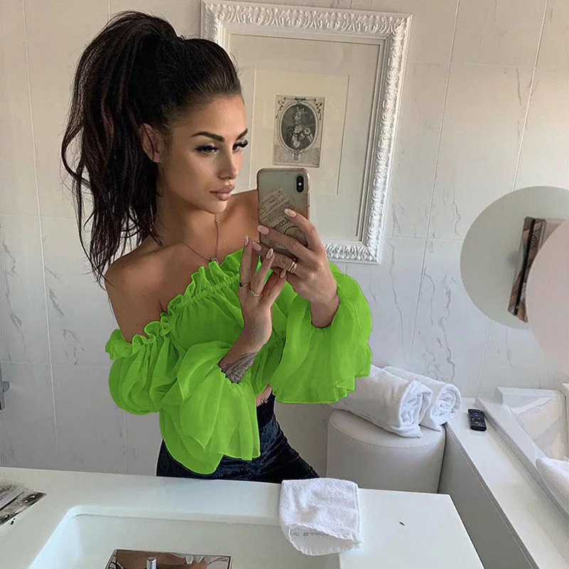 neon off shoulder shirt female240