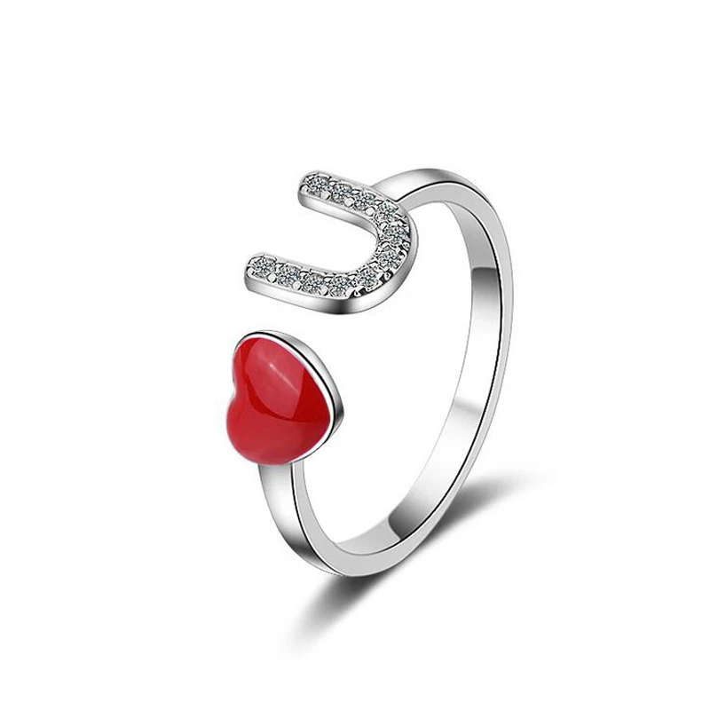 

Women Fashion 925 Silver Cute Red Enamel Heart Zirconia Letter U Open Ring For Girls Female Simple Adjustable Ring Jewelry RZ211