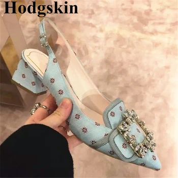 

New Glitter Rhinestone Buckle Strap Women Shoes Flower Square Heel Soft Pointed Toe Pumps Crystal Party Dress Female Sandals