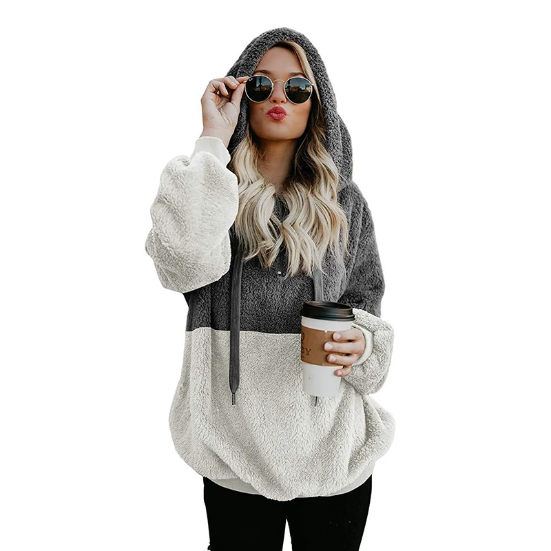 

Color Block Fleece Hoodie Thicken Soft Europe And America Style Winter Autumn Warm Hoodies For Women Fleece Jacket Large Size