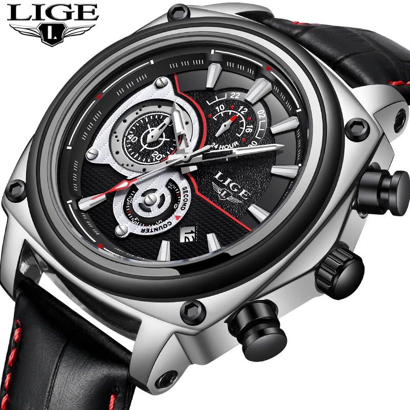 

Relogio Masculino LIGE Mens Watches Top Brand Luxury Large Dial Leather Quartz WristWatch Male Military Waterproof Sport Watch