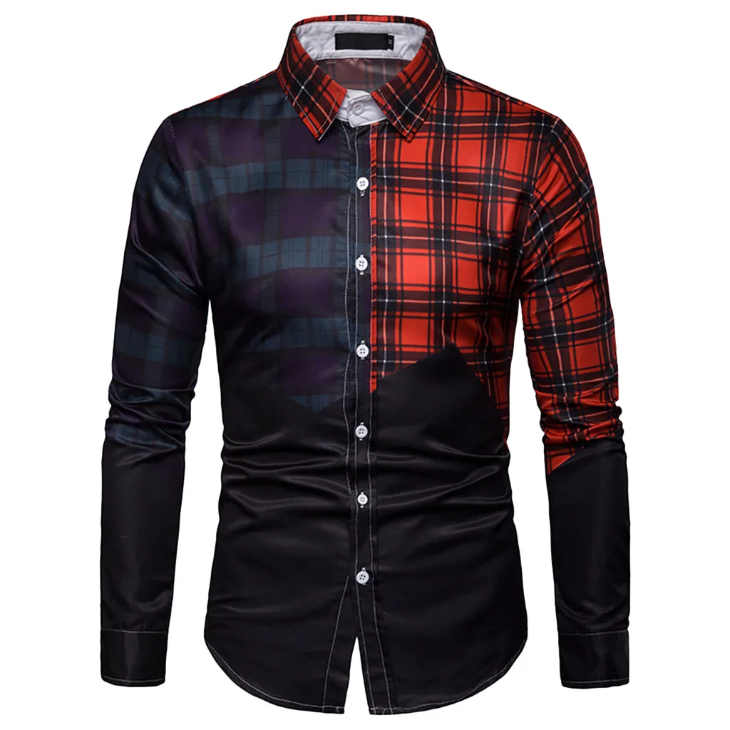 

Feitong Mens Long Sleeve Shirts Male Causal Plaid Painting Patchwork Tops Blouse Shirts camisas hombre Plus Large Size