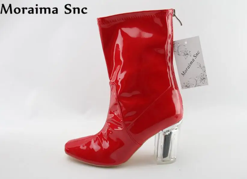 Moraima Snc Square Toe concise type fashion 2018 Sexy Mid-calf Boots for Woman Thick heel zipper patchwork red Boots moraima snc red boots transparent high heels boots women square toe mid calf rainboots sexy ankle boots for women bottine femme