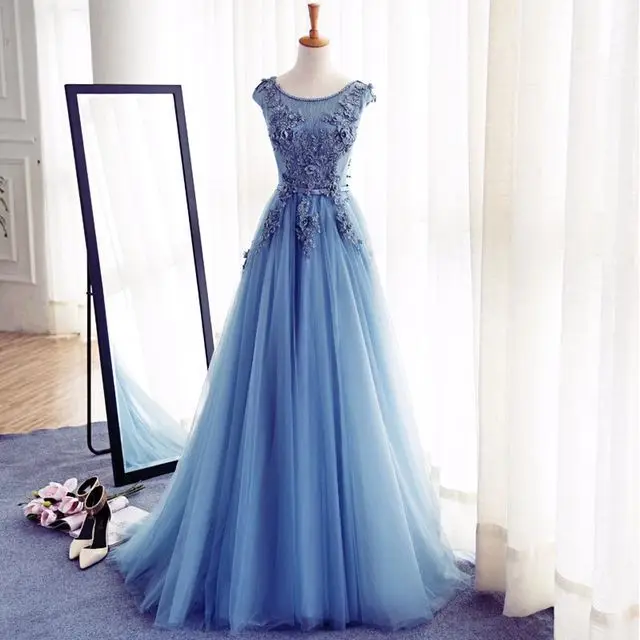 Hufaydrss 2017 Blue Prom Dresses Applique Scoop Cap Sleeves Lace up Floor Length vestido de festa robe soiree Plus Size 32114 | Свадьбы и