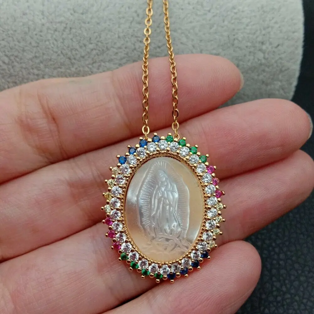 

17.5" White Shell Cameo Colorful CZ Micro Pave Oval Pendant necklace