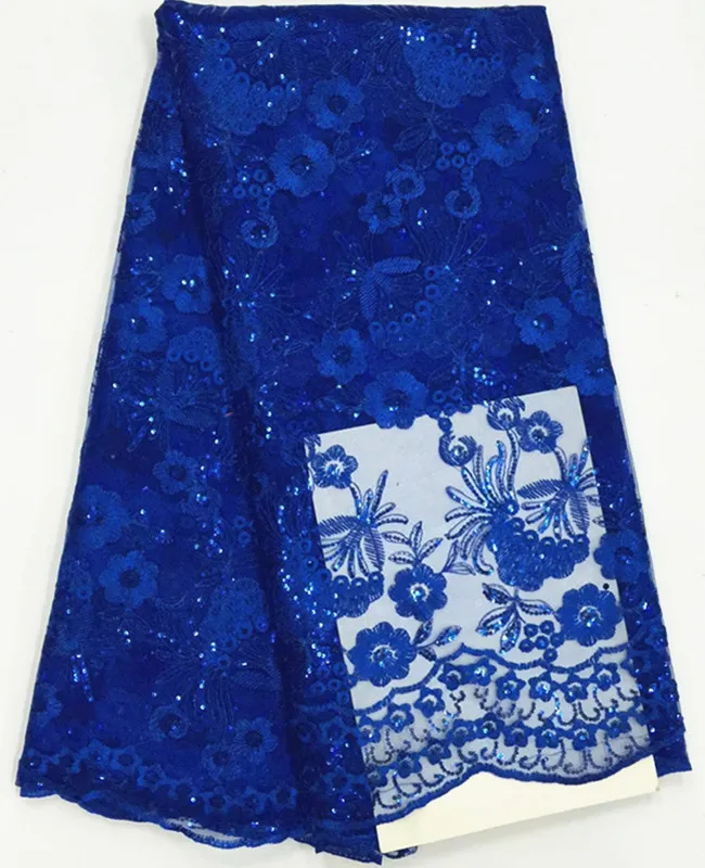 

5 Yards/pc most popular royal blue small sequins flower design african mesh lace french net lace fabric for clothes BN47-6