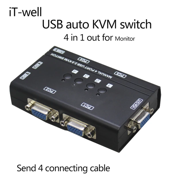 iT well 4 Port AUTO VGA Switch KVM Switch with USB Console