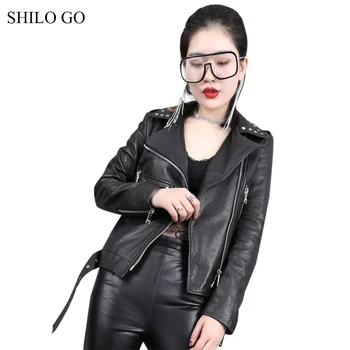 

SHILO GO Leather Jacket Womens Spring Fashion sheepskin genuine leather coat lapel collar front rivet pocket concise locomotive