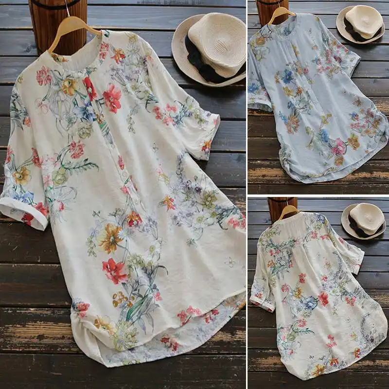 

ZANZEA Women Tops Blouses Casual Loose Mandarin Floral Print Blusas Plus Size Ladies Work Office Tunic Tops Blusa Feminina 5XL