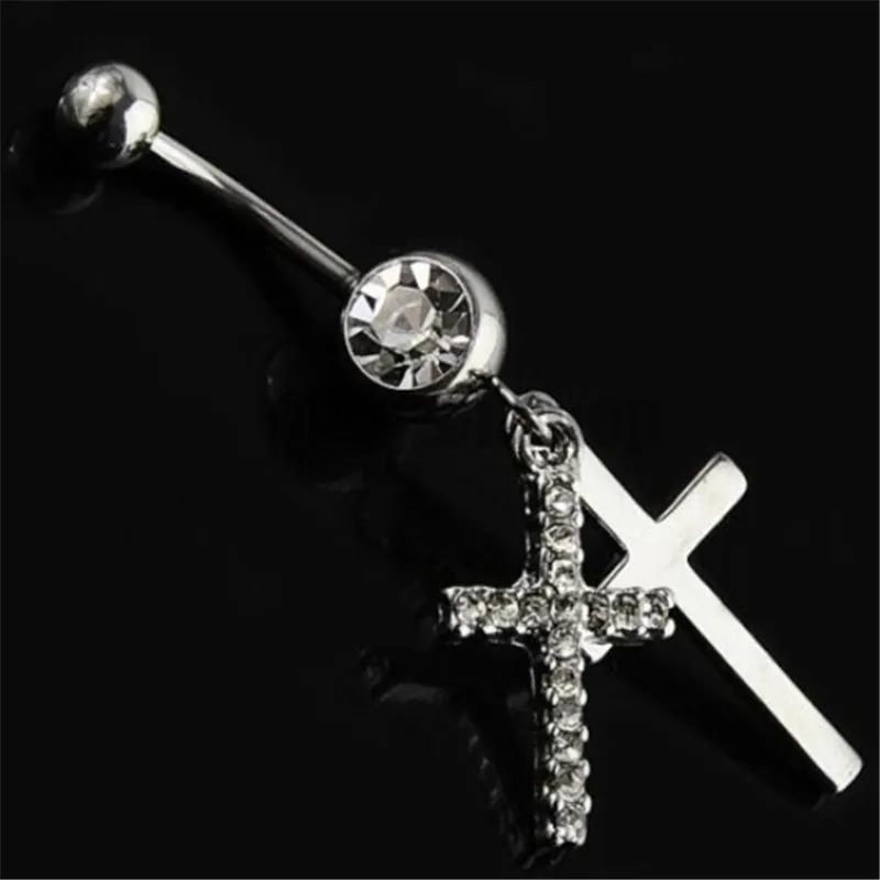 Surgical Steel Cute Cross Dangle Navel Rings Double Crystal Navel Bars