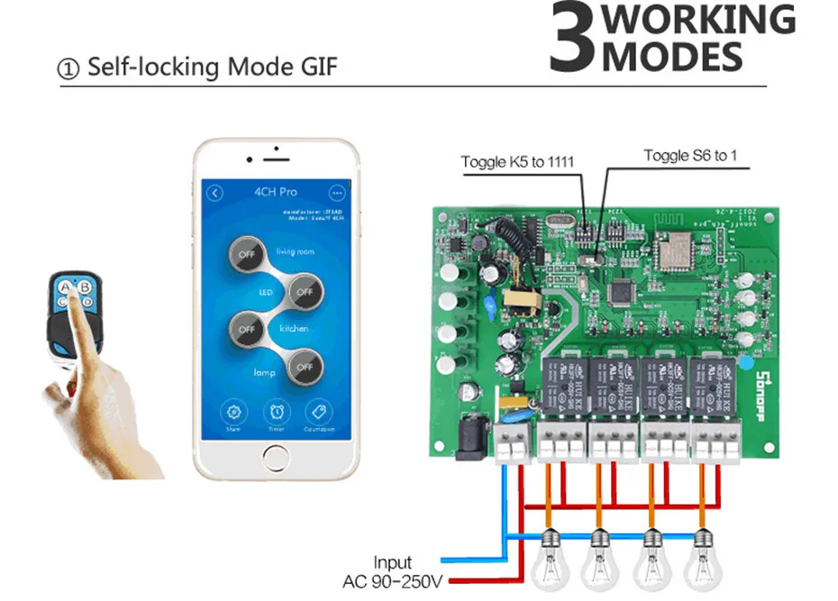 Sonoff 4CH Pro R2 умный дом Wifi переключатель 433 МГц RF Wifi светильник 4 банды 3 режима работы инчинг Блокировка работа с Alexa