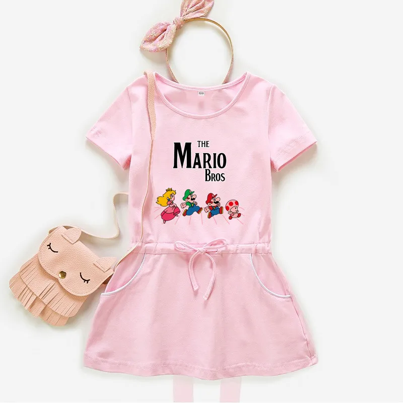 

Girl's cartoon dress Mario Peach princess dress Summer short sleeved costume Leisure cotton kids clothes girls dresses 6-12Y