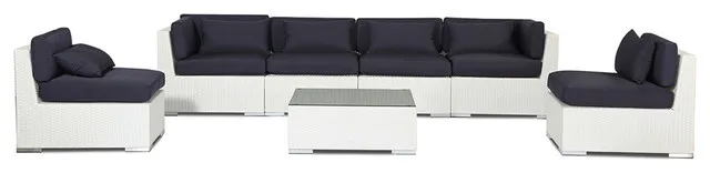 Патио современный наружный диван 7 шт. набор, Белый Плетеный/темно-синий