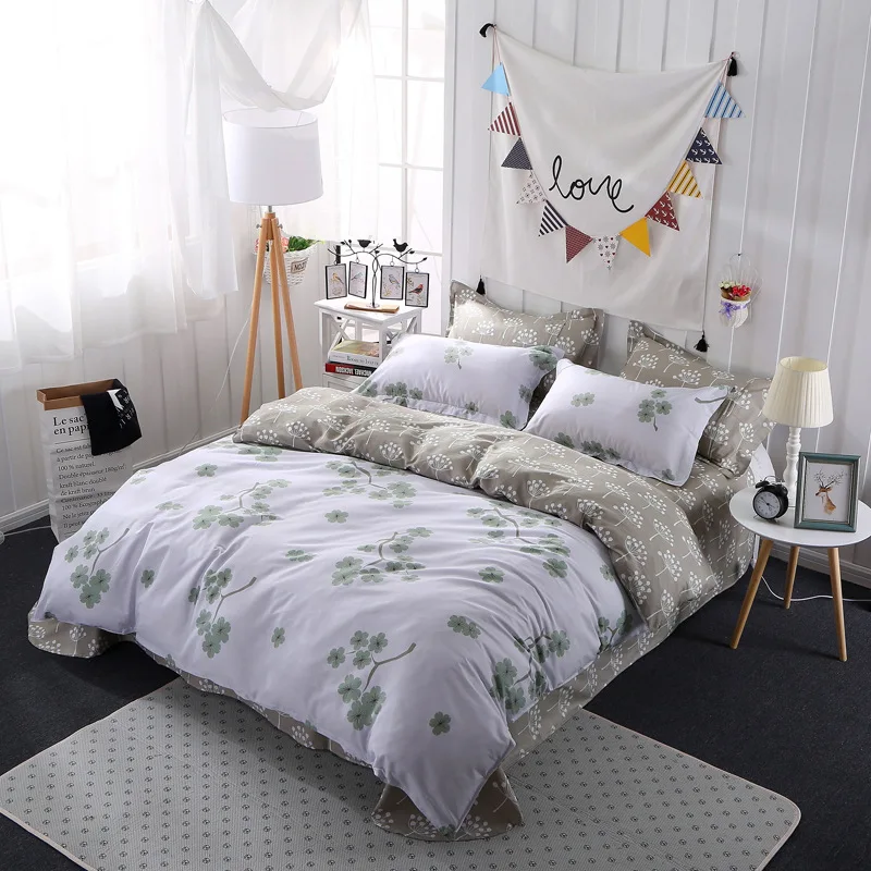 

Home bedding 100% cotton bed linen set AB side duvet cover + flat sheet + pillowcase flower white Pastoral bedclothes twin queen